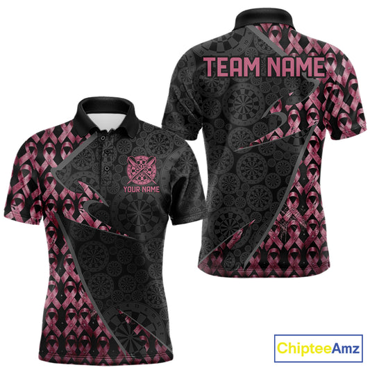 Black & Pink Ribbon Grunge men's darts polo with vintage distressed graphics, personalized darts league jersey, custom tournament apparel, awareness team shirt, premium sportswear