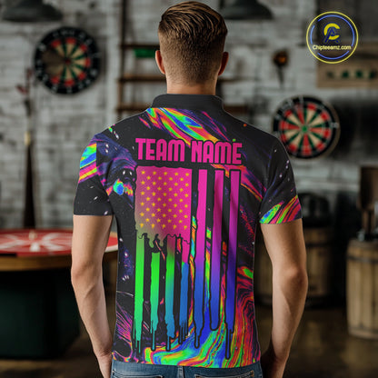 Male model wearing Psychedelic US Flag darts polo, colorful tournament jersey, patriotic athletic apparel, personalized championship sportswear