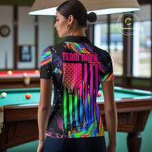 Load image into Gallery viewer, Female model wearing colorful holographic pool polo, personalized billiard jersey, cue sports team apparel, league championship clothing