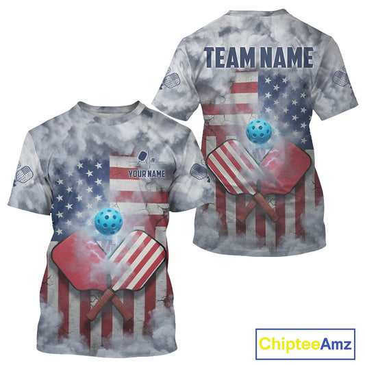 Custom Grey Smokes USA Flag Men's Pickleball T-Shirt Patriotic Pickleball Jerseys NYN1883