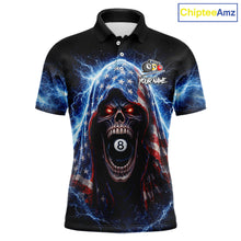 Load image into Gallery viewer, US Flag Thunder Grim Reaper 8 Ball 9 Ball Pool Men Billiard Shirt Custom Patriotic Billiard Apparel NYN2636