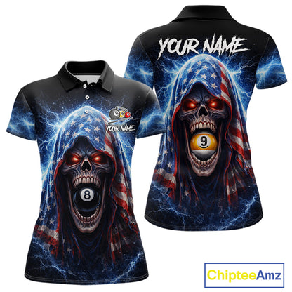 US Flag Thunder Grim Reaper 8 Ball 9 Ball Pool Women Billiard Shirt Custom Patriotic Billiard Apparel NYN2636
