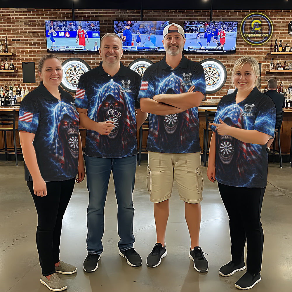American Flag Thunder Grim Reaper Dartboard Women Darts Polo Shirt Custom Patriotic Dart League Shirt NYN2641