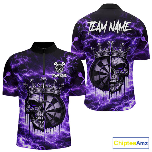 Thunder Purple Cracked Crown Skull Dartboard Men Darts 1/4-Zip Shirt Custom Dart League Shirt NYN2645