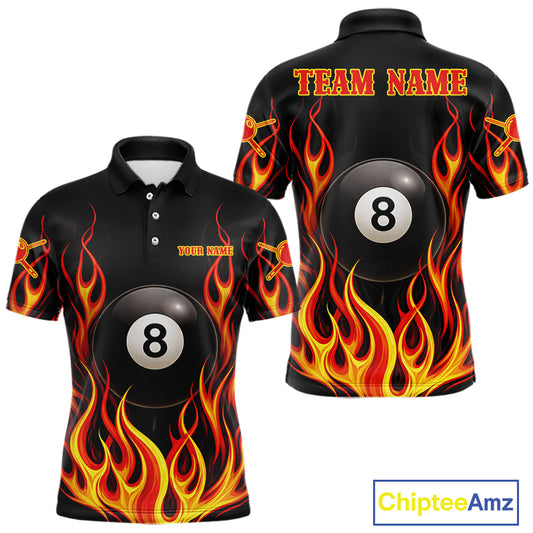 Personalized 8 Ball Fire Flame Pool Billiard Polo & 1/4 Zip For Men Custom Flame Billiard Team Attire NYN3013