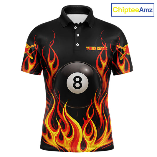 Personalized 8 Ball Fire Flame Pool Billiard Polo & 1/4 Zip For Men Custom Flame Billiard Team Attire NYN3013