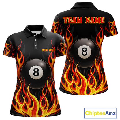 Personalized 8 Ball Fire Flame Pool Billiard Polo & 1/4 Zip For Women Custom Flame Billiard Team Attire NYN3013