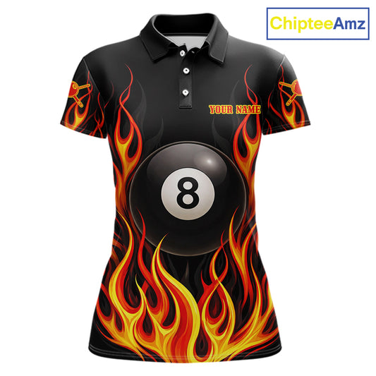 Personalized 8 Ball Fire Flame Pool Billiard Polo & 1/4 Zip For Women Custom Flame Billiard Team Attire NYN3013