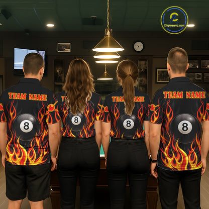 Personalized 8 Ball Fire Flame Pool Billiard Polo & 1/4 Zip For Women Custom Flame Billiard Team Attire NYN3013