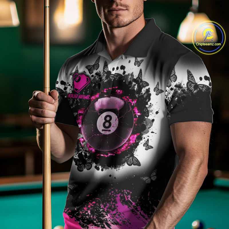 Black, White & Pink Billiard 8 Ball Pool Shirt For Men Custom Butterfly Grunge Team Billiard Jersey NYN3438