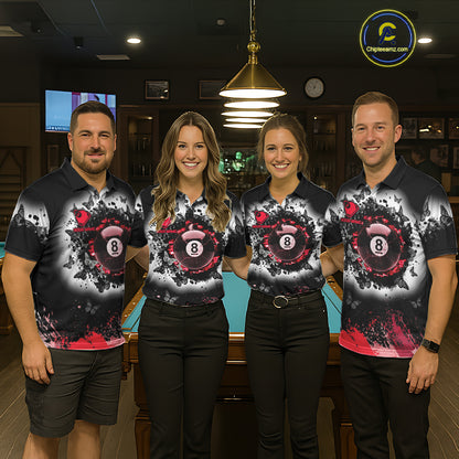 Black, White & Red Billiard 8 Ball Pool Shirt For Men Custom Butterfly Grunge Team Billiard Jersey NYN3439