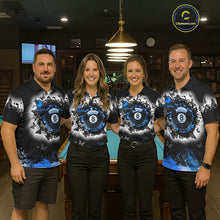 Load image into Gallery viewer, Black, White &amp; Blue Billiard 8 Ball Pool Shirt For Men Custom Butterfly Grunge Team Billiard Jersey NYN3440