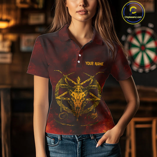 Flaming Dartboard & Wolf Custom Darts Polo Shirt For Women - Darts Team Jersey NYN0720
