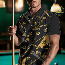 Load image into Gallery viewer, Male model wearing Black &amp; Gold 8 Ball pool polo, custom women's billiard tournament jersey, personalized cue sports apparel, league performance uniform, elegant championship team clothing