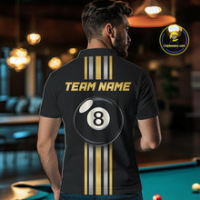 Load image into Gallery viewer, Male model wearing Black &amp; Gold 8 Ball pool polo, custom women's billiard tournament jersey, personalized cue sports apparel, league performance uniform, elegant championship team clothing