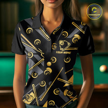 Load image into Gallery viewer, Female model wearing Black &amp; Gold 8 Ball pool polo, custom women's billiard tournament jersey, personalized cue sports apparel, league performance uniform, elegant championship team clothing