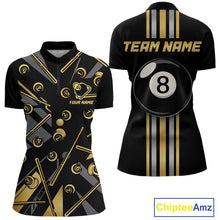 Load image into Gallery viewer, Black &amp; Gold 8 Ball women's quarter-zip billiard jersey featuring elegant gold graphics, custom pool tournament apparel, personalized cue sports team uniform, moisture-wicking performance polo, competitive league clothing