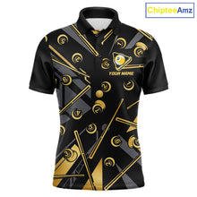 Load image into Gallery viewer, Black &amp; Gold 9 Ball men's pool polo with premium metallic styling, personalized billiard tournament jersey, custom cue sports apparel, professional 9 Ball league uniform, championship athletic clothing