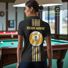 Load image into Gallery viewer, Female model wearing Black &amp; Gold 9 Ball women's billiard polo, custom league tournament jersey, personalized cue sports apparel, championship performance clothing