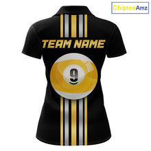 Load image into Gallery viewer, Black &amp; Gold 9 Ball women's billiard polo featuring luxury gold trim, custom pool team jersey, personalized 9 Ball tournament apparel, league clothing, cue sports performance uniform, championship team polo