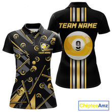 Load image into Gallery viewer, Black &amp; Gold 9 Ball women's billiard polo featuring luxury gold trim, custom pool team jersey, personalized 9 Ball tournament apparel, league clothing, cue sports performance uniform, championship team polo