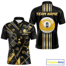 Load image into Gallery viewer, Black &amp; Gold 9 Ball men's pool polo with premium metallic styling, personalized billiard tournament jersey, custom cue sports apparel, professional 9 Ball league uniform, championship athletic clothing