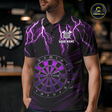 Load image into Gallery viewer, Male model wearing Thunder Lightning Purple Dartboard Custom Darts Polo, Personalized Tournament Team Jersey, Professional Dart Competition Apparel
