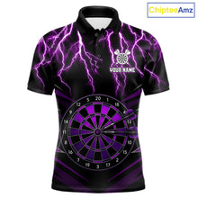 Load image into Gallery viewer, Thunder Lightning Men's Custom Darts Polo Shirt Mockup, Purple Dartboard Tournament Jersey, Personalized Dart Team Uniform, Professional Dart League Apparel