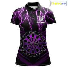 Load image into Gallery viewer, Personalized Thunder Lightning Purple Dartboard Women's Darts Polo Shirt, Moisture Wicking Custom Dart Tournament Jersey Front And Back