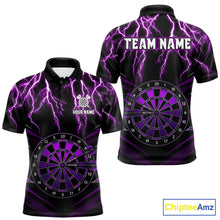 Load image into Gallery viewer, Thunder Lightning Men's Custom Darts Polo Shirt Mockup, Purple Dartboard Tournament Jersey, Personalized Dart Team Uniform, Professional Dart League Apparel