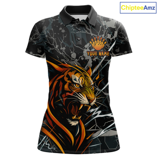 Funny Tiger Bowling Polo & 1/4-Zip Shirt For Women Custom Orange Team Bowling Tournament Jersey NYN3724