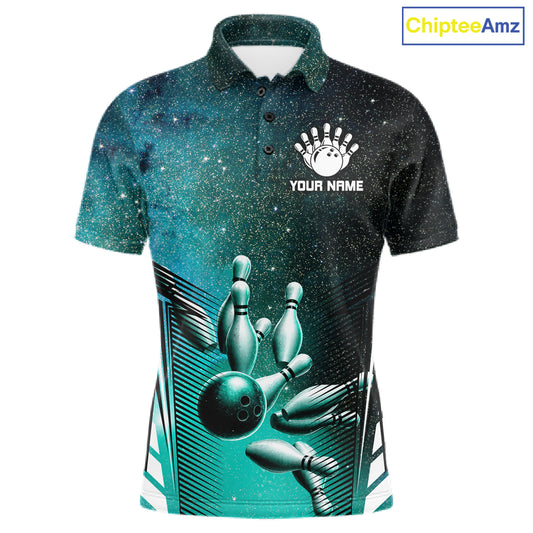 Turquoise Galaxy Bowling Ball Shirt For Men Custom Team Polo Quarter-Zip Bowling Jersey NYN3726