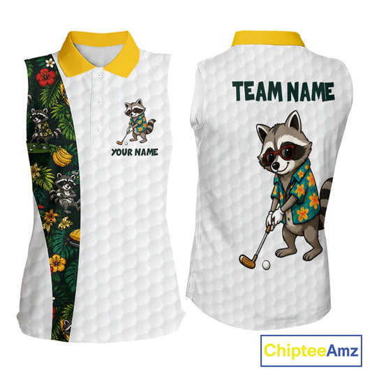 Custom Raccoon Golfer Golf Ball Team Attire Tropical Monstera Sleeveless Golf Polo Golf Shirts For Women NYN3991