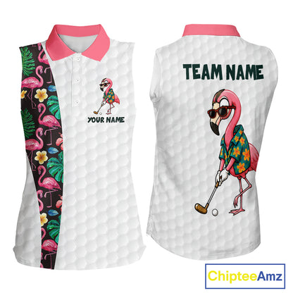 Custom Flamingo Golfer Golf Ball Team Attire Tropical Monstera Sleeveless Golf Polo Golf Shirts For Women NYN3993