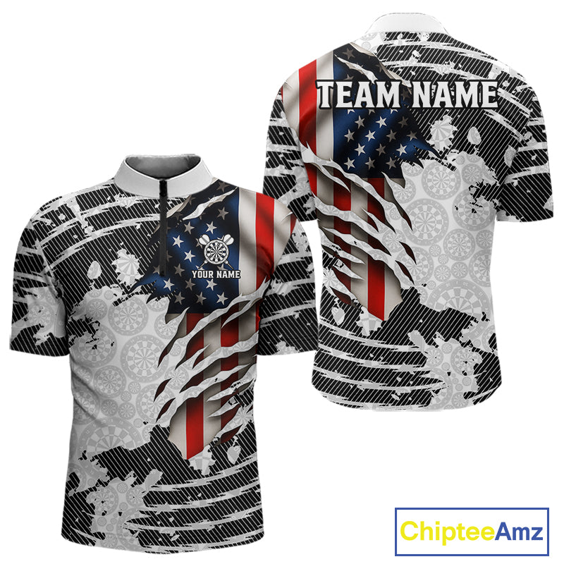 Custom Black White USA Flag Dartboard Dart Men Quarter-Zip Shirt Patriotic Dart Jerseys NYN1612