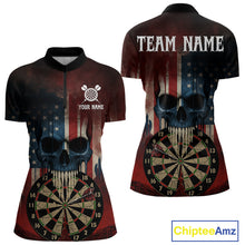 Load image into Gallery viewer, Custom Grunge US Flag Skull Dartboard Women Darts Quarter-Zip Shirt Outfits Patriotic Dart Jerseys NYN1894