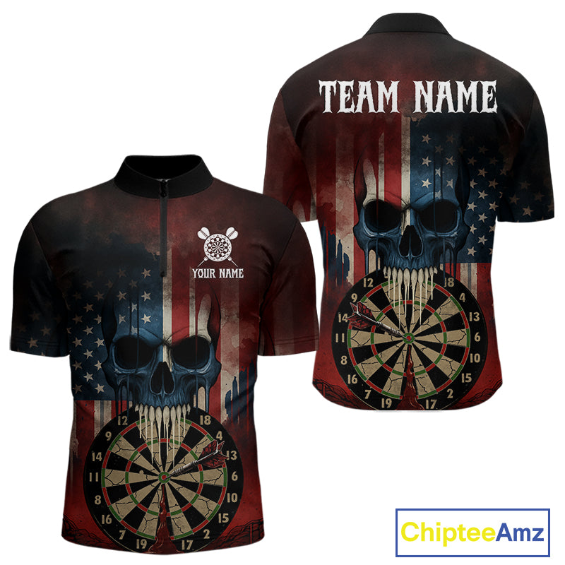 Custom Grunge US Flag Skull Dartboard Men Darts Quarter-Zip Shirt Outfits Patriotic Dart Jerseys NYN1894