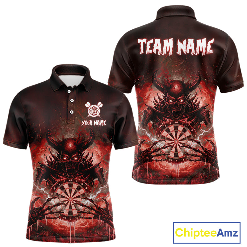 Custom Red Flames Skeleton Grunge Dartboard Men Darts Polo Shirt Horror Dart Jerseys NYN1896