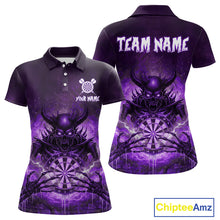 Load image into Gallery viewer, Custom Purple Flames Skeleton Grunge Dartboard Women Darts Polo Shirt Horror Dart Jerseys NYN1898