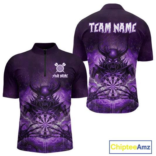 Custom Purple Flames Skeleton Grunge Dartboard Men Darts Quarter-Zip Shirt Horror Dart Jerseys NYN1898
