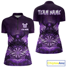 Load image into Gallery viewer, Custom Purple Flames Skeleton Grunge Dartboard Women Darts Quarter-Zip Shirt Horror Dart Jerseys NYN1898