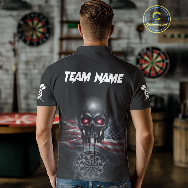 Custom Smoke US Flag Black Dripping Skull Men Darts Polo Shirt Patriotic Dart Jerseys NYN1899