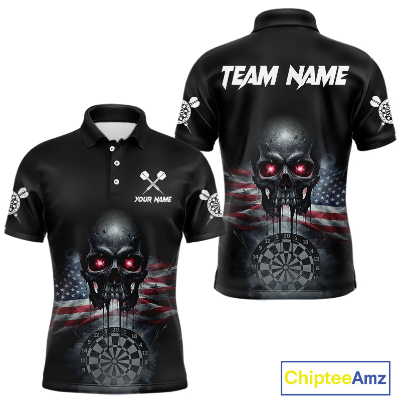 Custom Smoke US Flag Black Dripping Skull Men Darts Polo Shirt Patriotic Dart Jerseys NYN1899