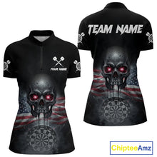 Load image into Gallery viewer, Custom Smoke US Flag Black Dripping Skull Women Darts Quarter-Zip Shirt Patriotic Dart Jerseys NYN1899