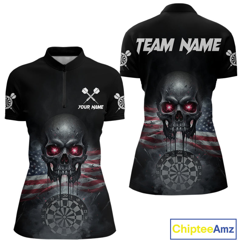 Custom Smoke US Flag Black Dripping Skull Women Darts Quarter-Zip Shirt Patriotic Dart Jerseys NYN1899