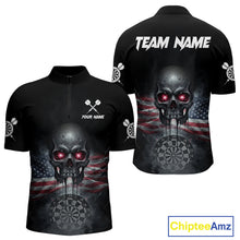 Load image into Gallery viewer, Custom Smoke US Flag Black Dripping Skull Men Darts Quarter-Zip Shirt Patriotic Dart Jerseys NYN1899