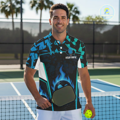 Custom Black Grunge Blue Flames Pickleball Ball Jerseys Men Pickleball Paddle Team Shirts NYN2160
