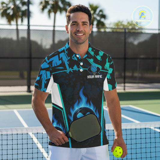Custom Black Grunge Blue Flames Pickleball Ball Jerseys Men Pickleball Paddle Team Shirts NYN2160