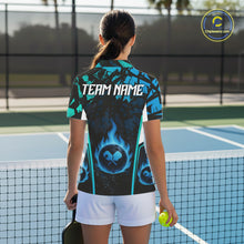 Load image into Gallery viewer, Custom Black Grunge Blue Flames Pickleball Ball Jerseys Women Pickleball Paddle Team Shirts NYN2160