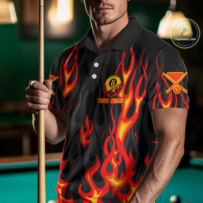 Fire Flame 8 Ball Pool Men Billiard Polo & 1/4-Zip Attire Custom Red Billiard Shirt Designs NYN2412